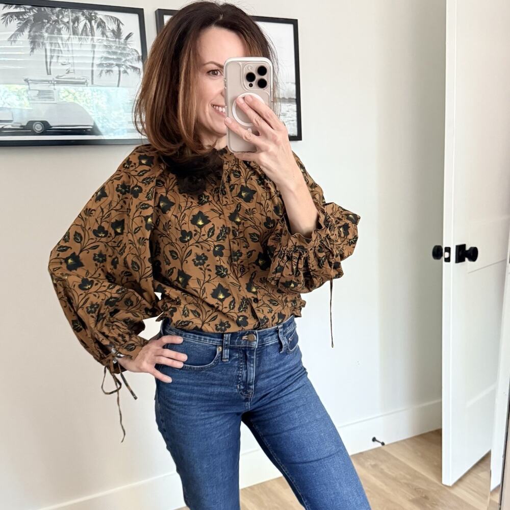 Scotch & Soda Blouse Brown Floral Print Organic Cotton Poplin Shirt Size Small